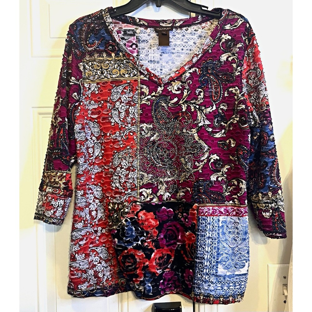 Multiples Boho Womens L Multi Mixed Print Patchwork Rhinestone Blouse Top 3/4